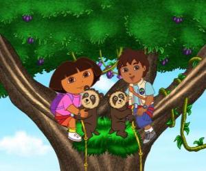 yapboz Dora ve kuzeni Diego iki küçük ayı yardımcı bir ağaca
